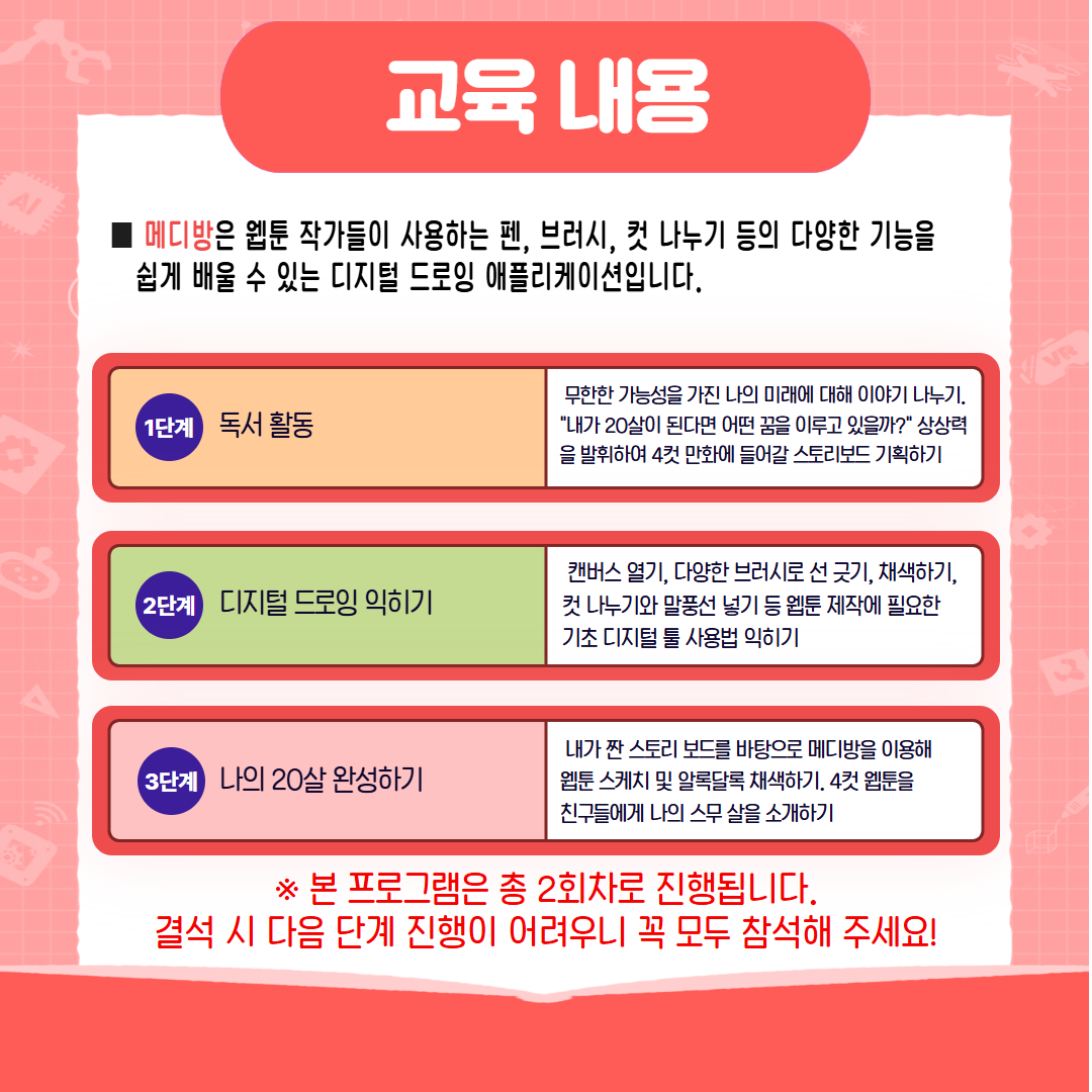교육 내용 메디방은 웹툰 작가들이 사용하는 펜, 브러시, 컷 나누기 등의 다양한 기능을 쉽게 배울 수 있는 디지털 드로잉 애플리케이션입니다. 1단계 독서 활동 무한한 가능성을 가진 나의 미래에 대해 이야기 나누기. 